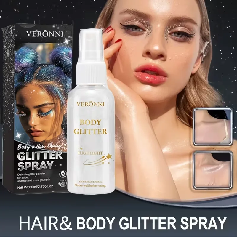 80 ml glitterspray - Shimmer glitterspray cosmetica, instant glans en highlighting voor haar, gezicht, lichaam, lichaamshaarspray make-up