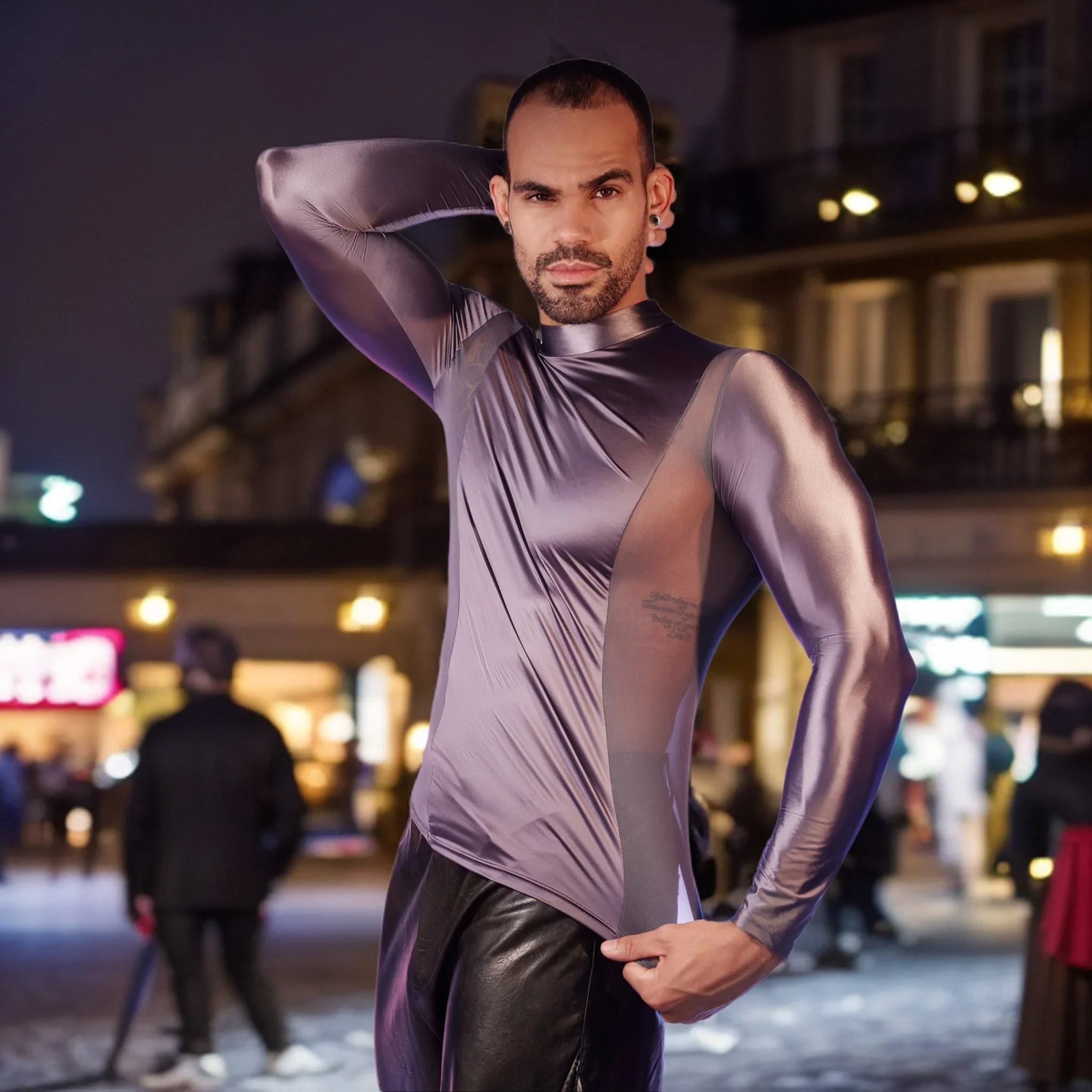 Mens Glossy Sports Tops Long Sleeve T-shirt Solid Color Slim Fit Breathable Fitness Gymnastics Workout Tops Yoga Beach Swimwear