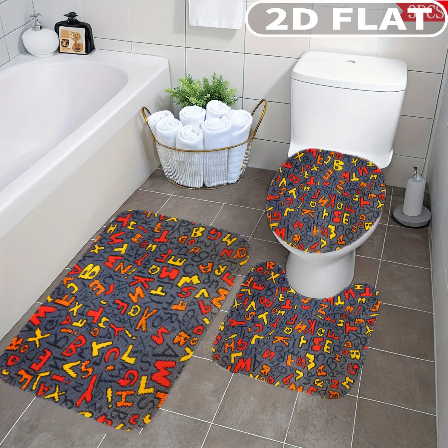

3pcs Bathroom Rug Set Colorful Alphabet Pattern Print Design Non-Slip Includes Bath Rug Contour Mat and Toilet Lid Cover Mat