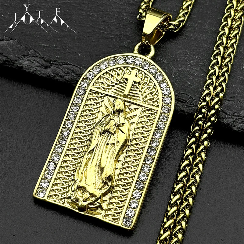 

Catholic Virgin Mary Rhinestones Pendant Necklace for Women Men Stainless Steel Gold Color Our Lady of Guadalupe Chain Jewelry