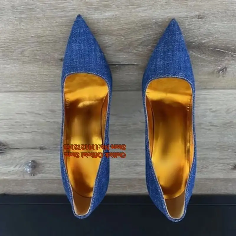 

Синие джинсовые туфли-лодочки с острым носком на шпильке 8/10/12 см, без застежек, с неглубоким вырезом, размер 46