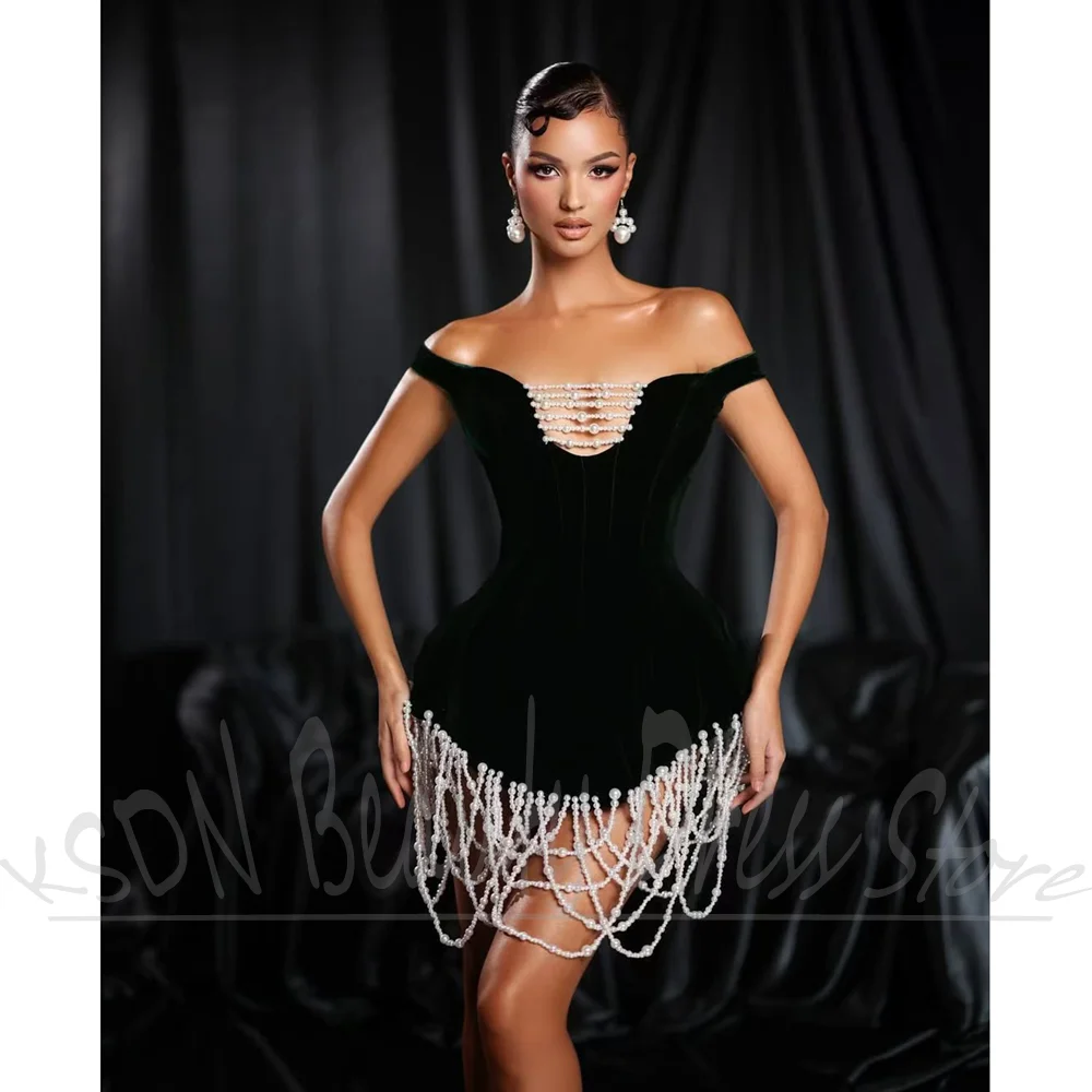 Fashion Pearls Women Dresses Exquisite Off The Shoulder Beads Black Prom Gowns Luxury Short Style Evening Party Mini Dresses