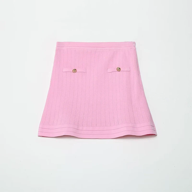 YENKYE Women Pink Knit A‑Line Mini Skirt Gold Button Decor Pockets Autumn Short Skirts Matching Bottom