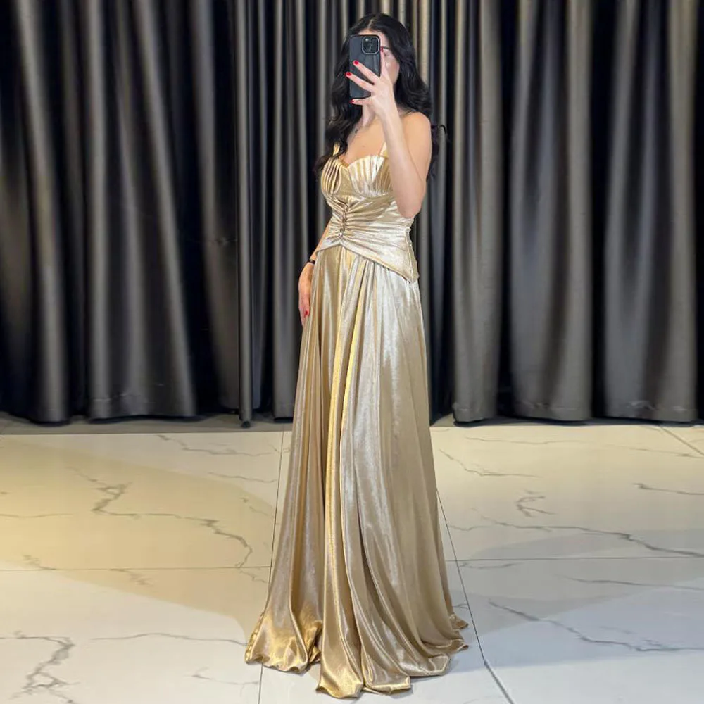 Customized Front Gather Waist Evening Dresses 2025 Spaghetti Strap Pleated A Line Formal Dress Sparking vestidos de gala