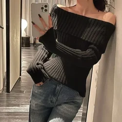 Off Shoulder Women's Sweater Korean Fashion Autumn Black Knitted Sweaters Long Sleeve Female Elegant Pullovers Sexy Jumper