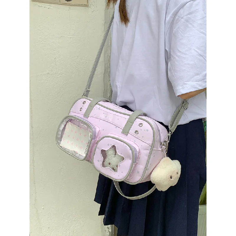 Kawaii Ita Bag Star Clear Window Crossbody Purse Double Pocket Display Shoulder Bag Sweet Girl Handbag for Collect Badges Pins