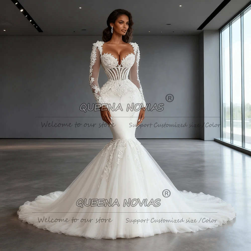 

Luxury Lace Appliques Sweetheart Wedding Dresses For Bride Illusion Long Sleeves Bridal Gowns Customized فستان الزفاف