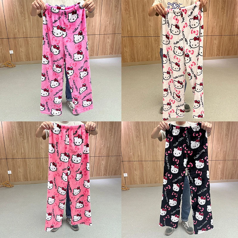 Hello Kitty Pajamas Pants Kawaii Anime Autumn Winter Warm Home Clothes Multi-Style Flannel Casual Trousers Girl Gift