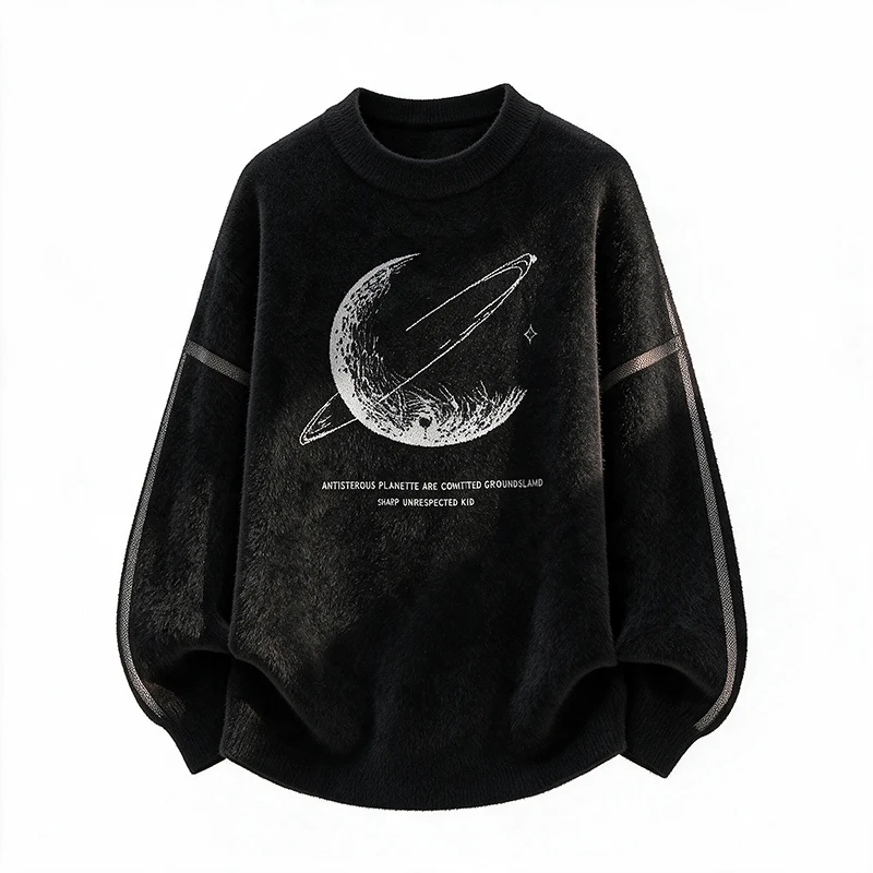 2026 Autumn/Winter Men's High-Quality Printed Half-Chested Sweater Thick Hooded Knitted Top