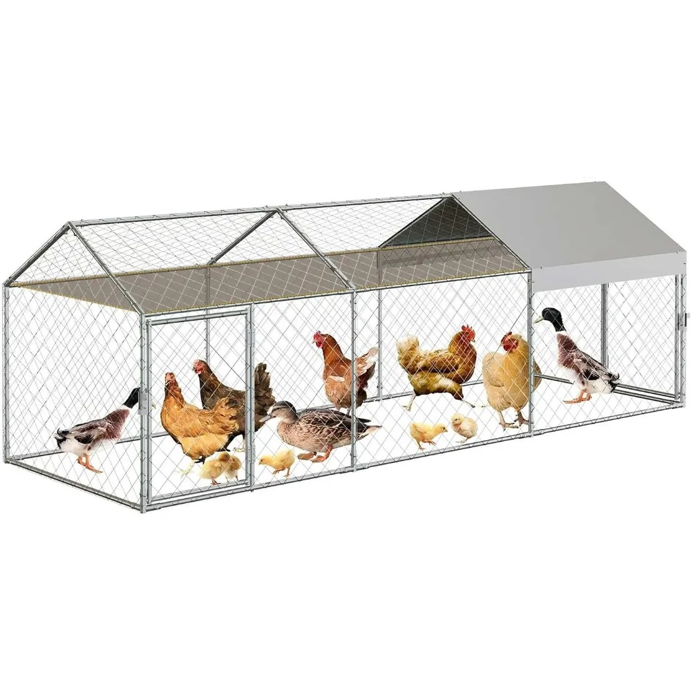 

metal chicken coop, 120x40x40 inch chicken run for yard with waterproof cover, spire roof hen house with lockable door, portable