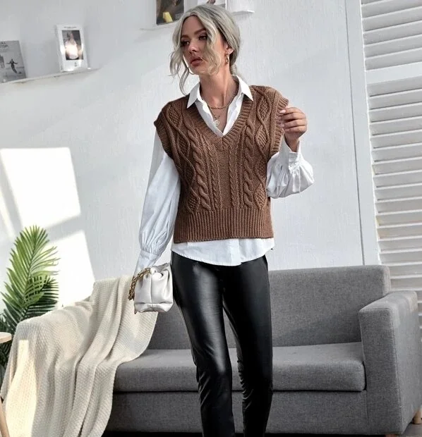 Women Sweater Vest 2024 Autumn Sleeveless Knitted Sweater Casual Vest Elegant V Neck Solid Casual Pullover Top Female Jumper