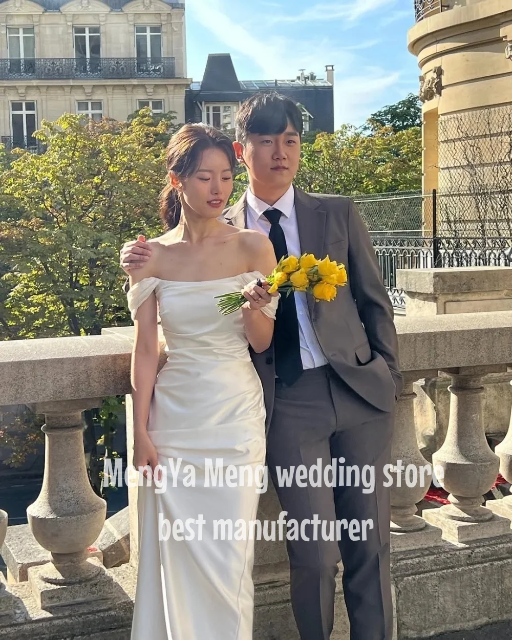 ZHUISHU Elegant Off Shoulder Wedding Customized Receipt Dress Korea Photo shoot Silk Satin Floor Bridal Gowns Corset Back Simple