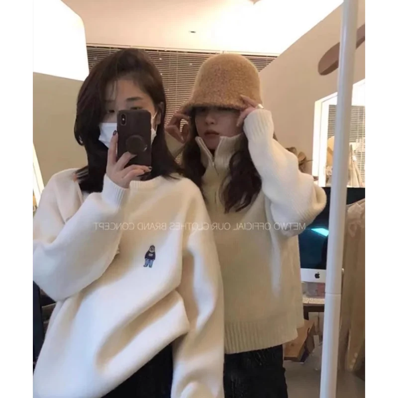 White Pullover Sweater Cozy Winter Female Cashmere Women Top Knitted Vintage Solid Jacket Cartoon Long Sleeve NEW Harajuku