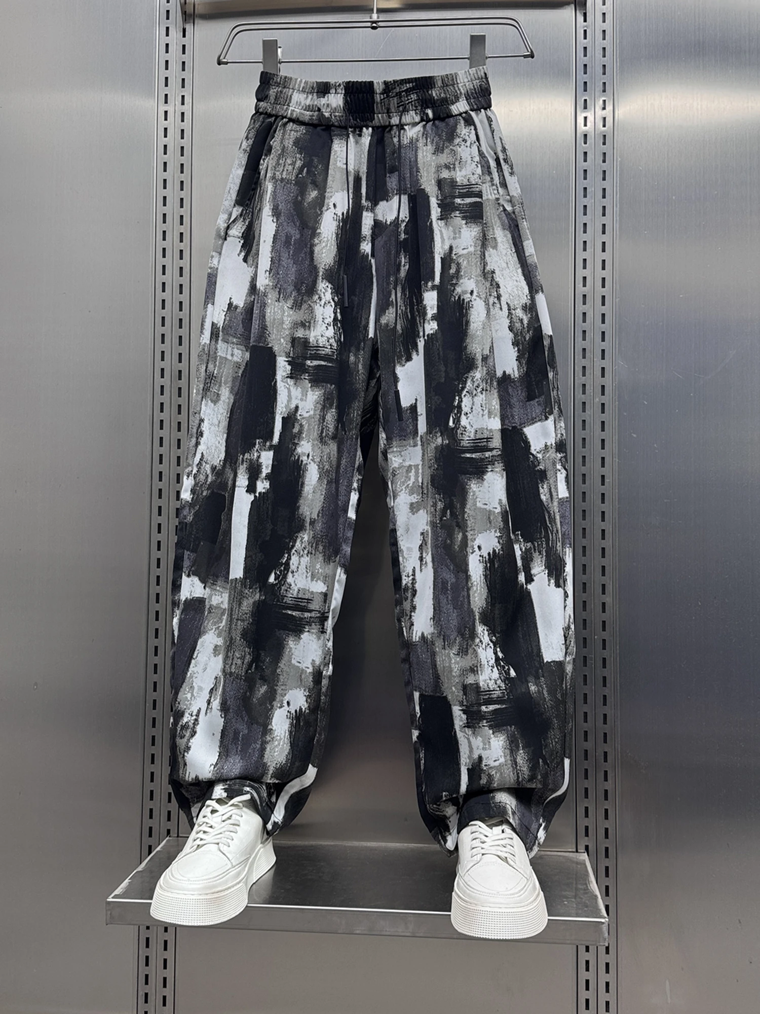 2025 Summer New Ink Tie-dye Flower Pants Men's Ice Silk Drape Cool Feeling Versatile Loose Straight Casual Pants