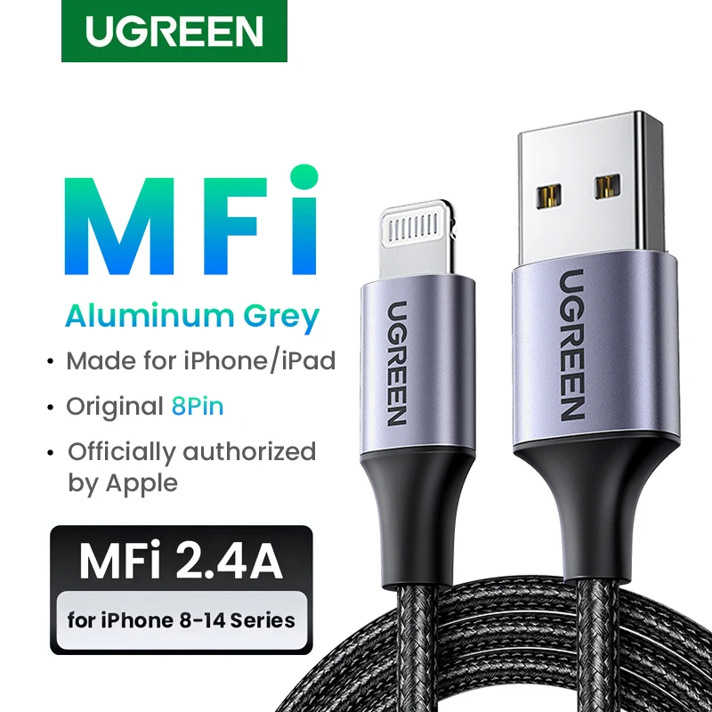 

Кабель UGREEN MFi USB-Lightning в оплетке для зарядки и передачи данных Apple iPad iPhone 14 13 12 11, CarPlay, короткий/длинный, 8-контактный, 1м/2м