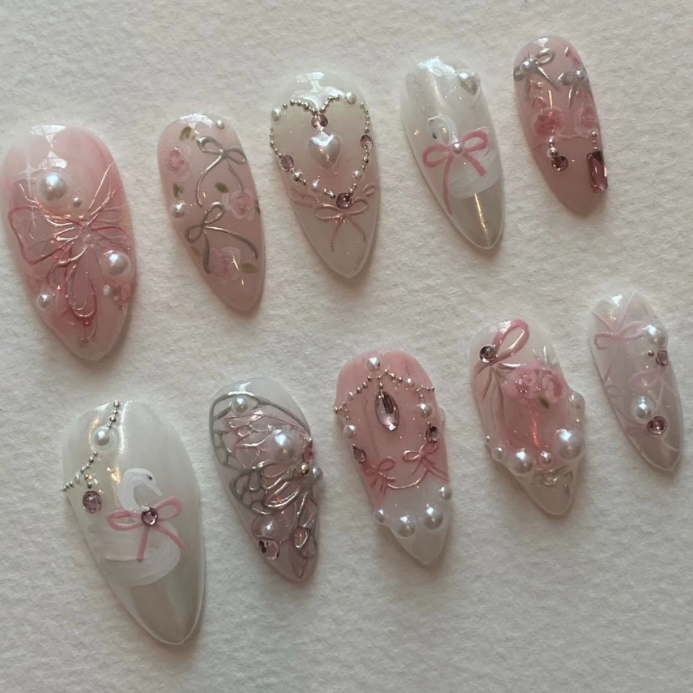 Press On Nails 2024 New French Cute Pink INS Y2K Beautiful Butterfly 3D Medium Almond Handmade ABS Material Nail Art Salon Nails