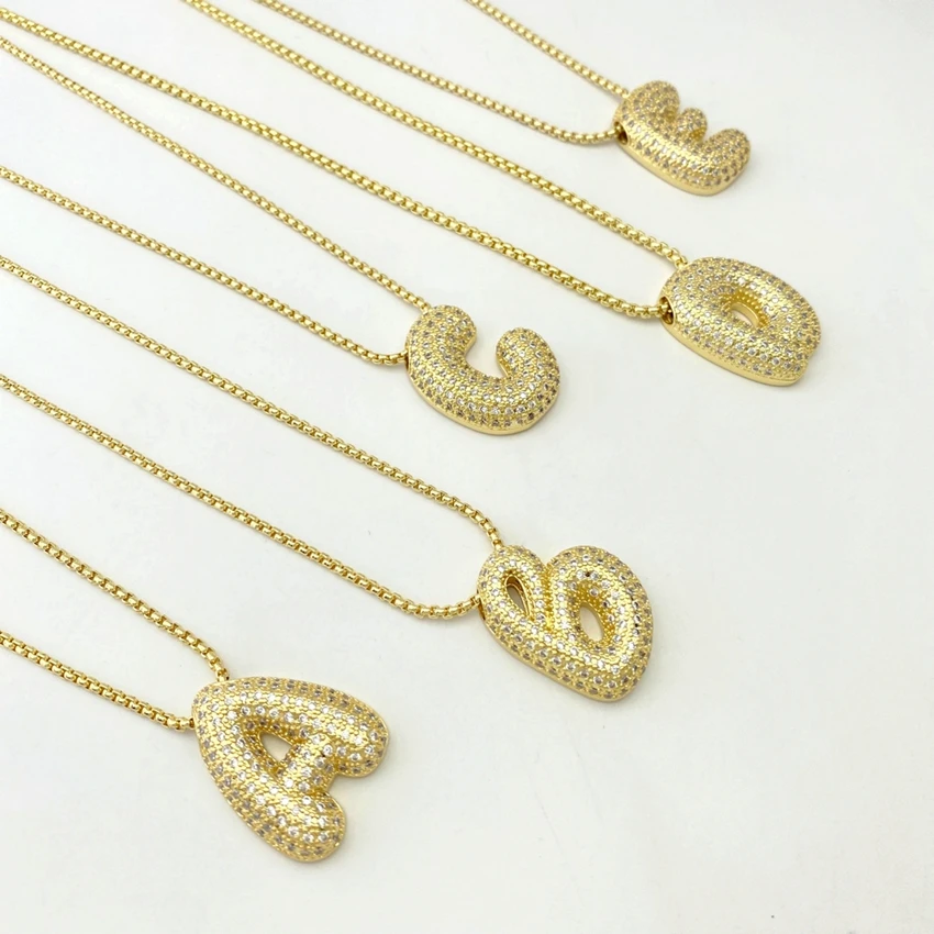 New Dainty Women's Bubble Letter Necklace Gold Plated Zircon Chunky Initial Name Balloon Alphabet Pendant Necklaces