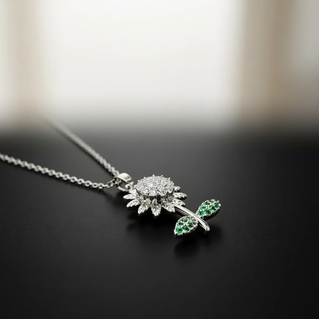 Silver‑Tone Sunflower Pendant Necklace with Green Leaf Zircon for Women Dainty Elegant Trendy Glam Lux Statement Fashion Jewelry