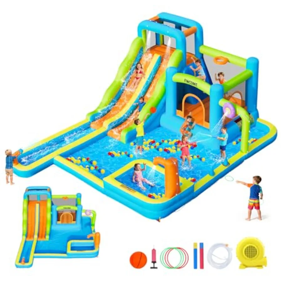 

Inflatable Water Bounce House with Double Slide for 3-10 Years Large Blue Water Bouncy Castle with Long Slide and Jumping Climb