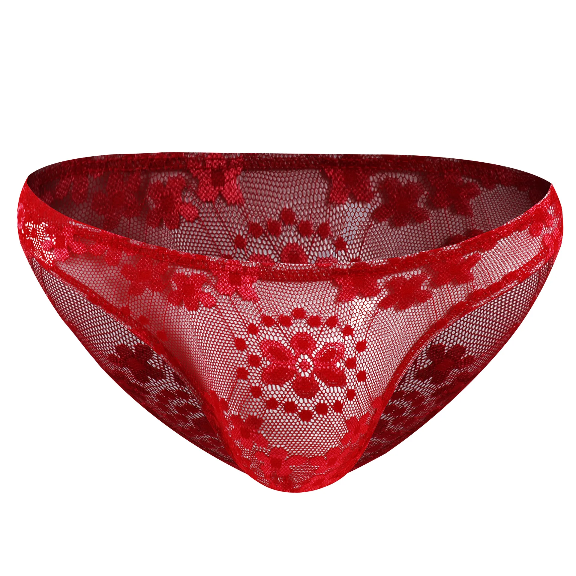 Men's Red Floral Lace Mesh Briefs, Low-Rise Semi-Sheer Sexy Underwear