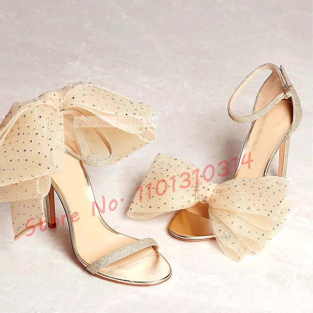 

Crystal Mesh Bow High Heels Sandals Women Beige Wedding Luxury Glitter Sandals Open Toe Elegant Summer Evening Sparkly Sandals