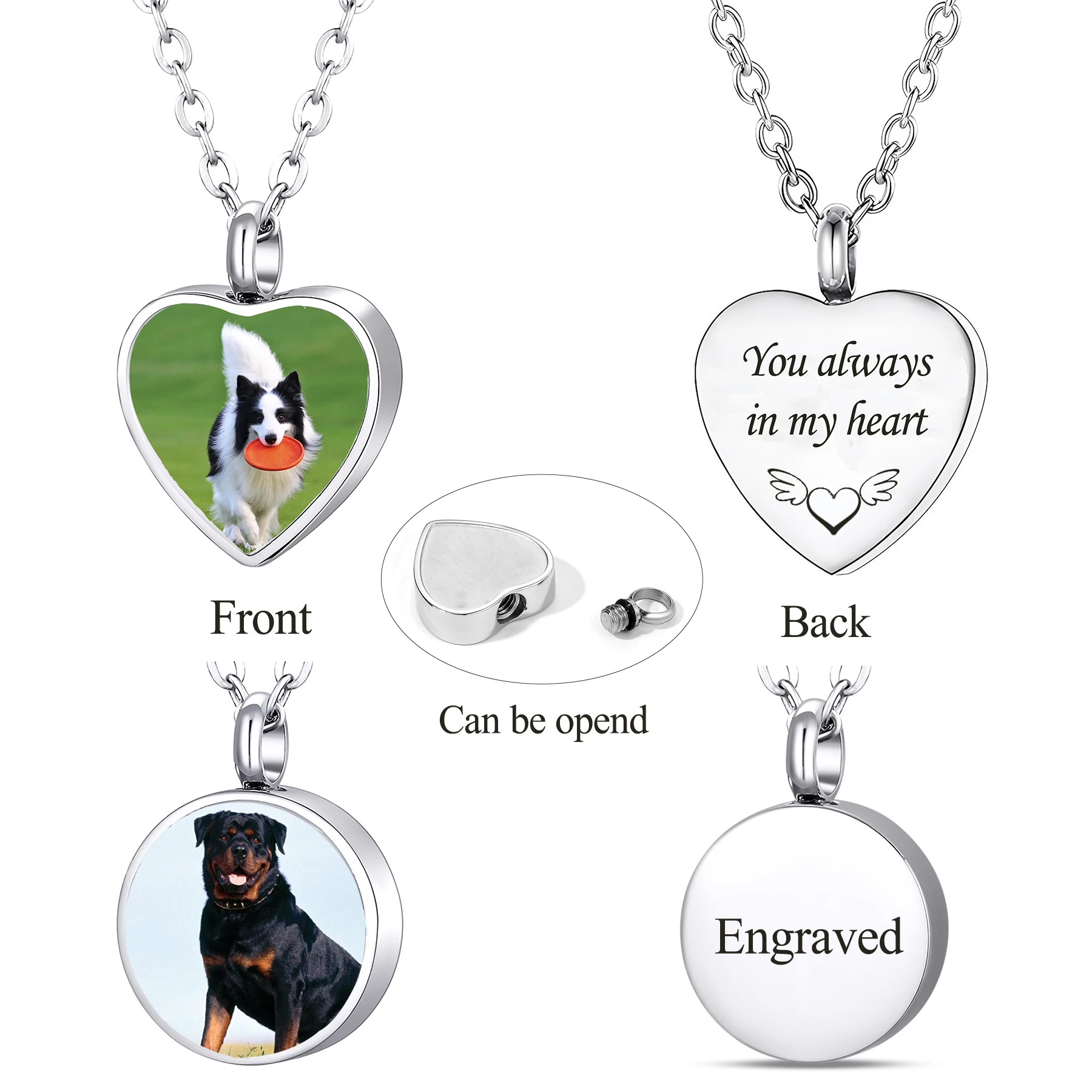 

Heart Round Pendant Urn Necklaces Personalized Photo Cremation Memorial Keepsake Jewelry for Pet/Family Custom Text Picture