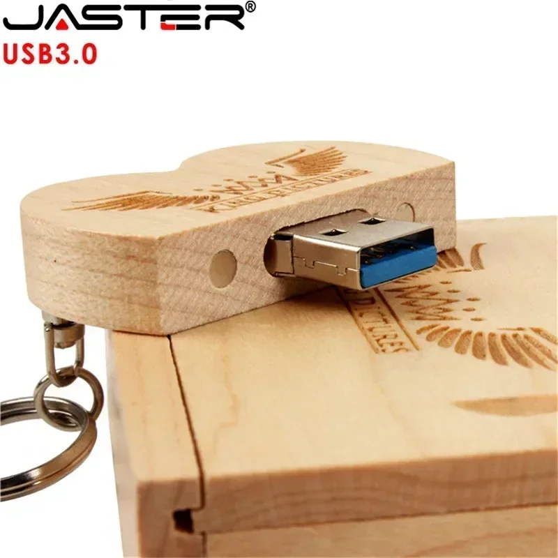 Jaster usb 3.0 de madeira flash drive coração + caixa de embalagem pendrive 64gb 16gb 32gb 8gb presente de casamento fotografia 1pcs logotipo personalizado livre