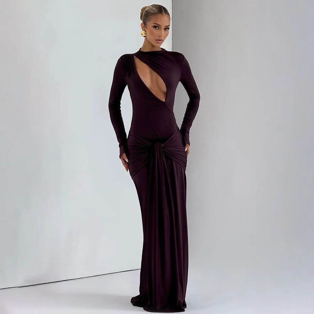 TWOTWINSTYLE الصلبة تقسم ضمادة فستان ماكسي للنساء س الرقبة طويلة الأكمام المرقعة قطع Bodycon فساتين سهرة مثيرة الإناث