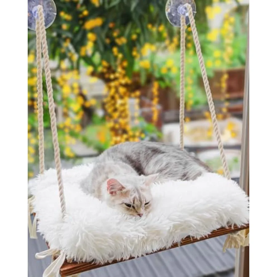 

Cat Hammock with Industrial-Grade Suction Cups - Solid Pine Wood Seat Soft Cushion - 42 lb Ccity