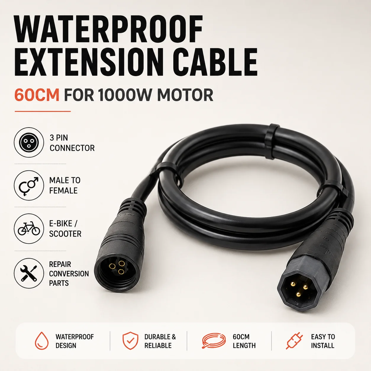 Waterproof Motor Extension Cable 60cm for E-Bike Electric Scooter 1000W Motor Wiring Repair Conversion Parts