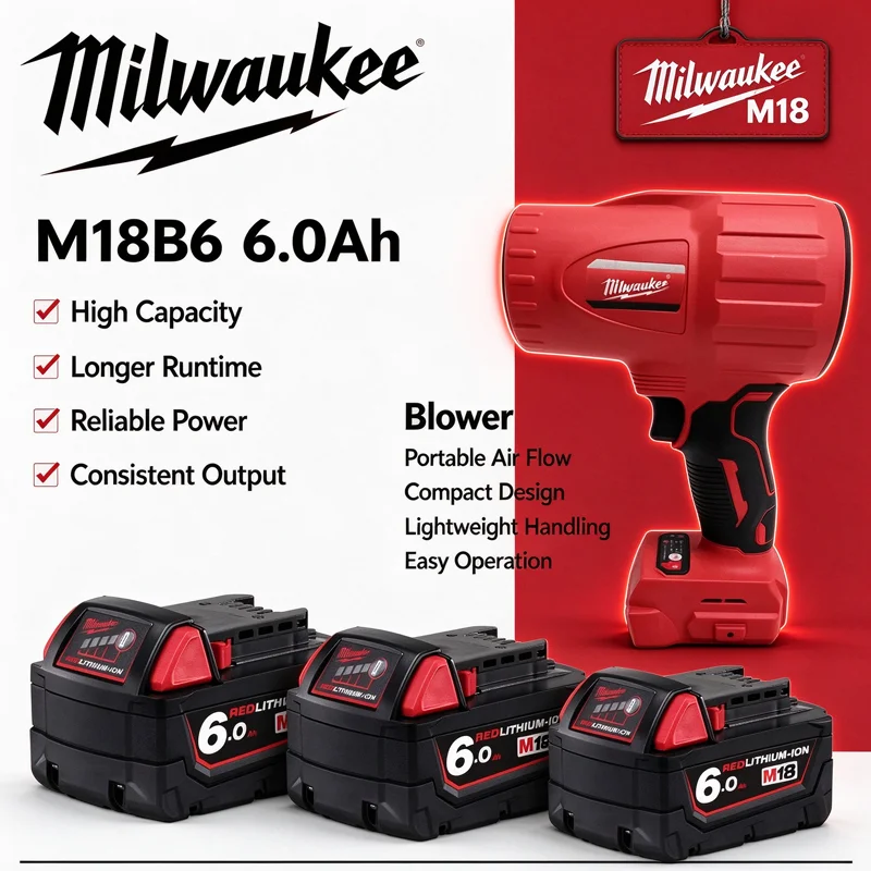 Milwaukee M18 18V 6.0Ah Charge Battery Compatible With 3017-20 Cordless Leaf Blower,Over Discharge Protection, Home Garden Care