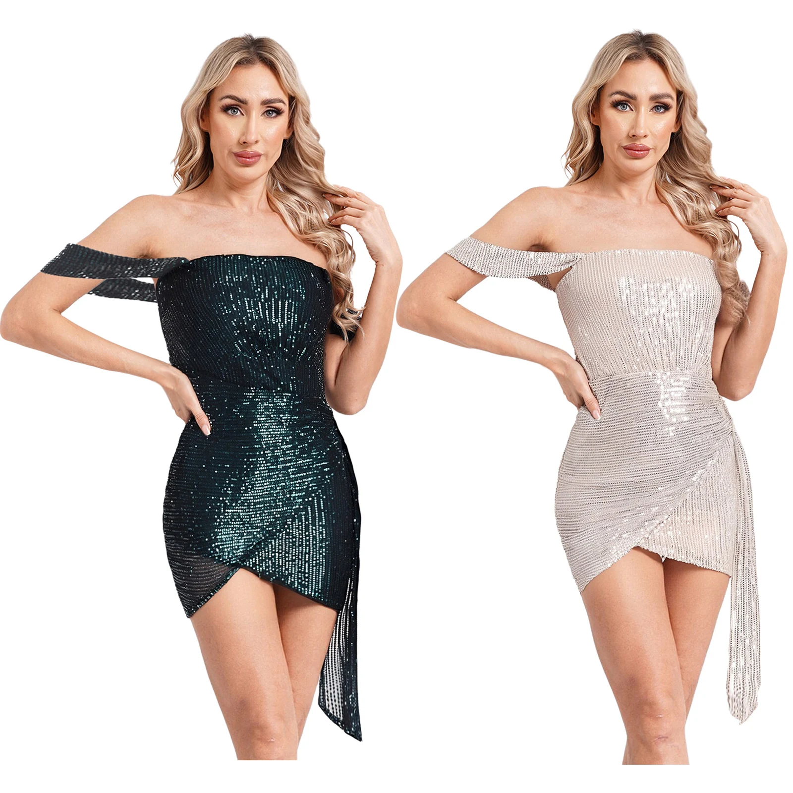 Womens Party Strapless Mini Dress Prom Gown Off Shoulder Pageant Dress Femme Cocktail Vestido De Fiesta Sequins Bodycon Dress
