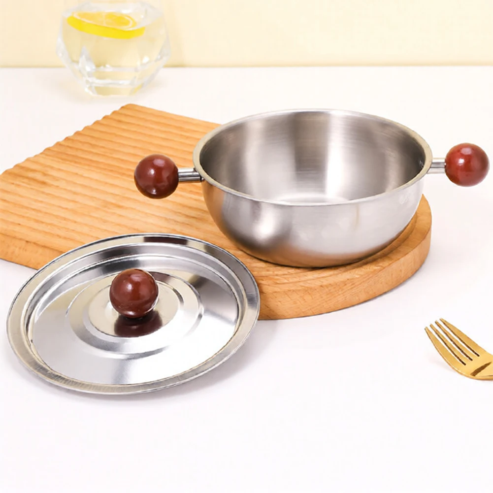 Edelstahl-Bratpfanne mit Holzgriff zum Schmelzen von Butter, Salatschüssel, Frühstückskochschüssel, Camping- und Wohnheim-Kochgeschirr, tragbar