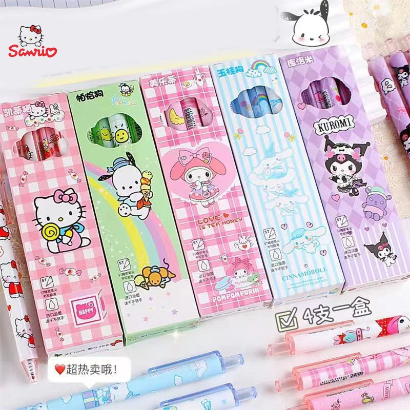 Anime 4Pcs Sanrio Hello Kitty Gel Pen Black Quick Drying Kuromi Cinnamoroll 0.5Mm Press Ballpoint Pen Student Stationery Gifts