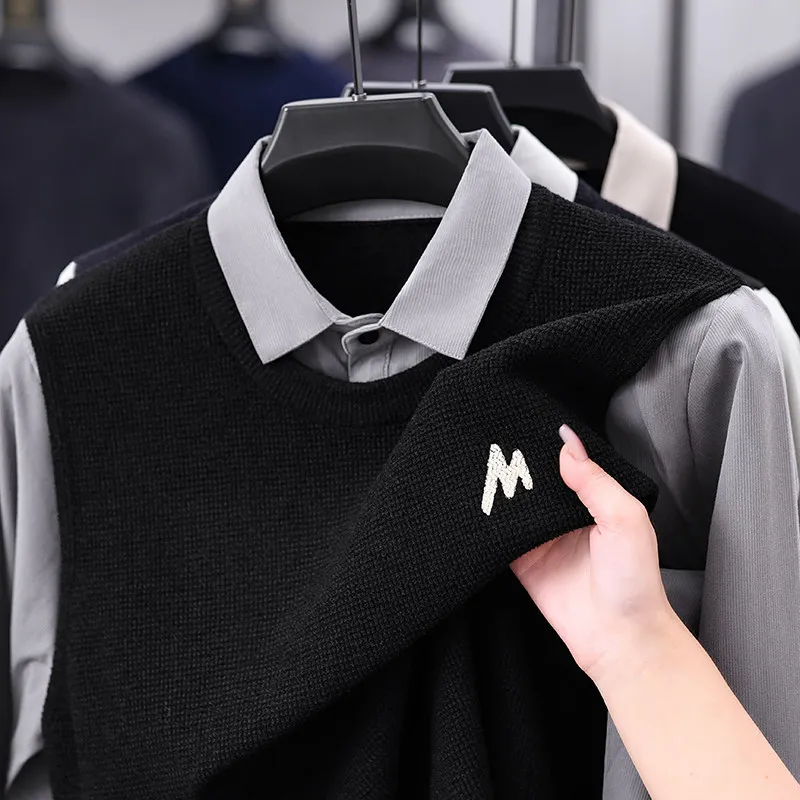 

Новый мужской вязаный свитер 2025 года, молодежный, с воротником-стойкой, имитация двухслойного, высококачественный, теплый базовый слой, осенне-зимний, модный, стильный