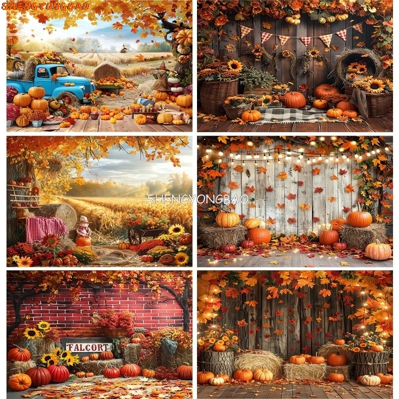 

Autumnal Pumpkins Farm Photography Backdrops Props Halloween Fall Field Maple Leaf Scarecrow Fence Photo Studio Background FM-01