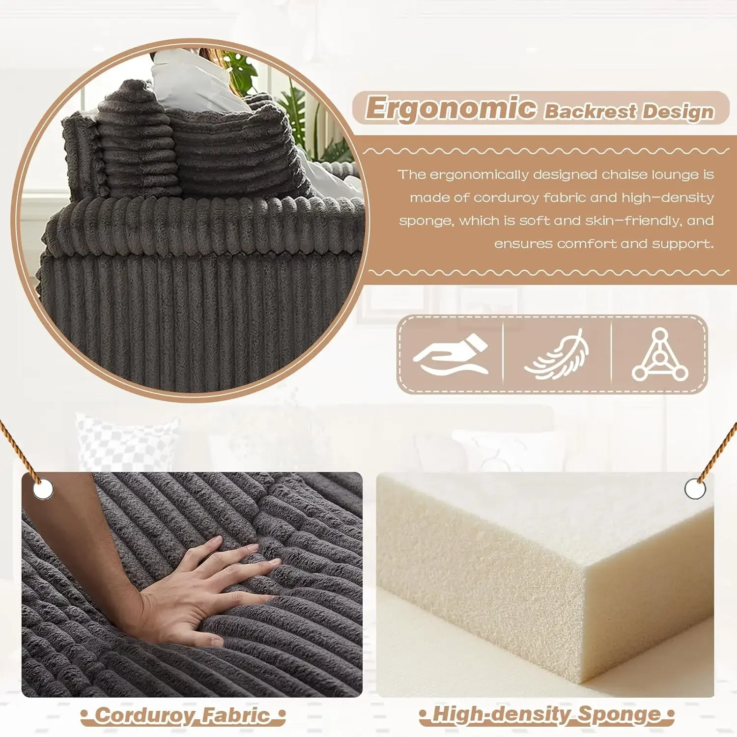 Kursi santai dengan Ottoman, Sofa Modern Corduroy dengan ruang penyimpanan, tempat cangkir, kursi Sofa malas, kursi tidur santai