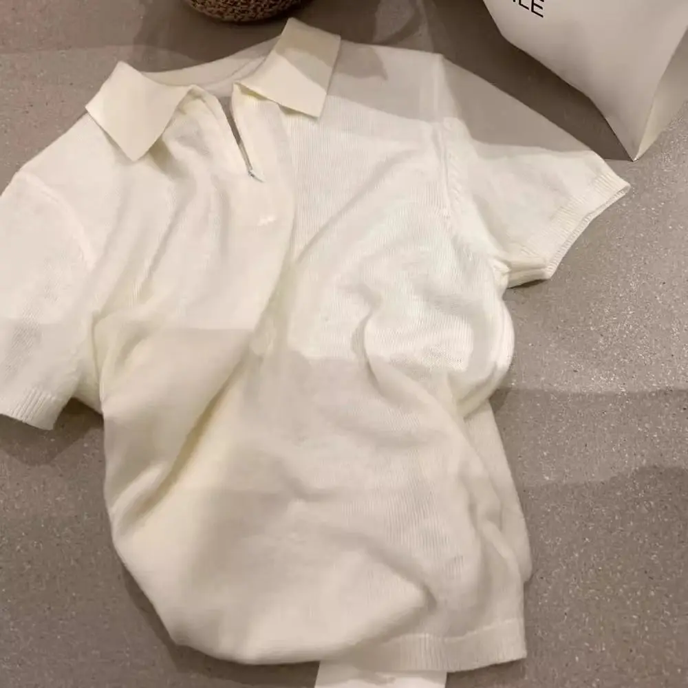 니트 스웨터 여성 풀오버 새로운 화이트 블랙 반팔 니트 스웨터 풀오버 여성 탑스 턴다운 칼라 니트웨어 Q2645