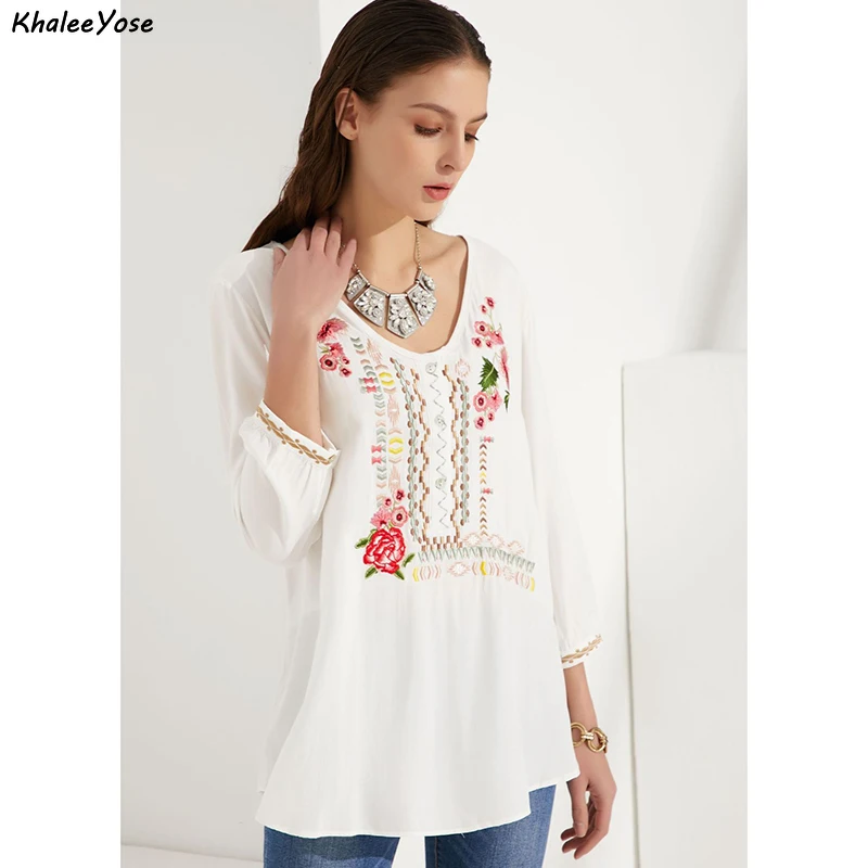 KHALEE YOSE Boho Floral Embroidery Blouses Shirt Autumn Spring Mexican Shirt Long Sleeve Button Front 3xl Ethnic Shirts Tops