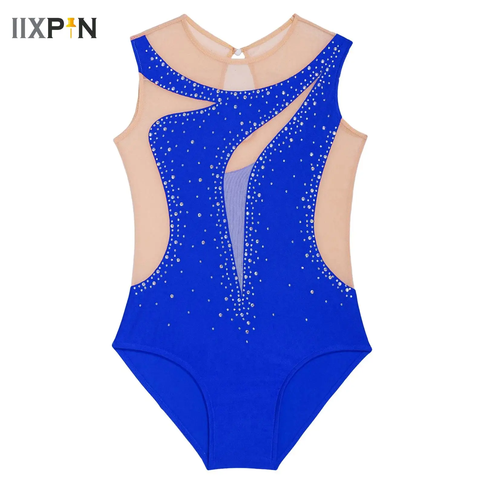 

Kid Girls Rhinestone Ballet Dance Leotard Jersey Diamond Sparkly Figure Skating Costume Sleeveless Sheer Mesh Bodysuit Dancewear