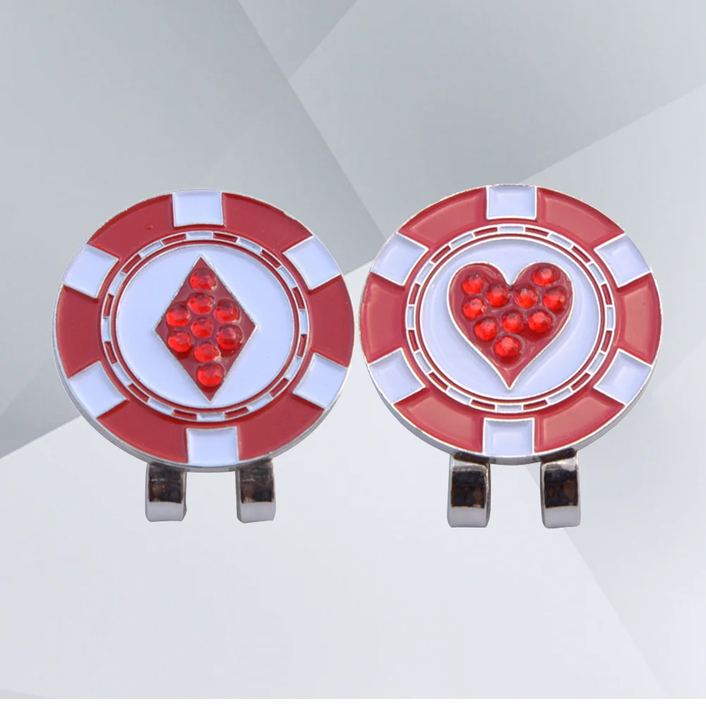 2 قطعة علامات الكرة حجر الراين كاب كليب مع تصميم القلب الأحمر الأبيض سبائك قوية كرة جولف ماركر ملحق للخارجية