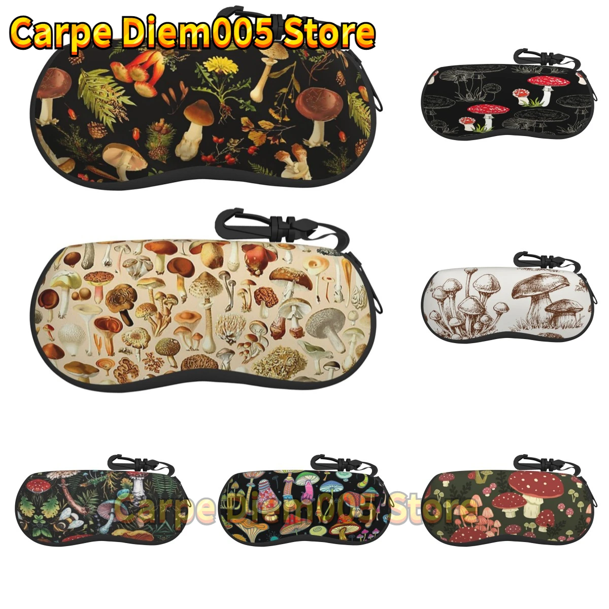 Cute Mushroom Print Thermal Sunglasses Soft Zip Case Eyeglass Cases with Belt Clip