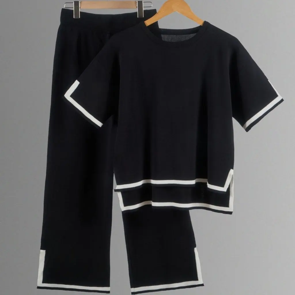 

Fashionable New Arrival Two-Piece Set High Waist Wide Leg Pants Short Sleeve Knitted Top Color Block Design Slimming Effect