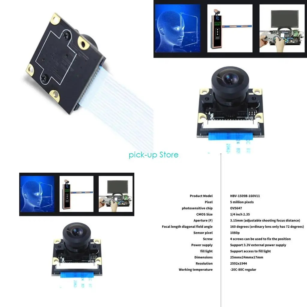

Q5WA 160 Degree 5647 Camera Module For RPi 3B+ 4B Adjustable Focusing 5MP 2592X1944 Webcam Module for RPi 2/4/3B+