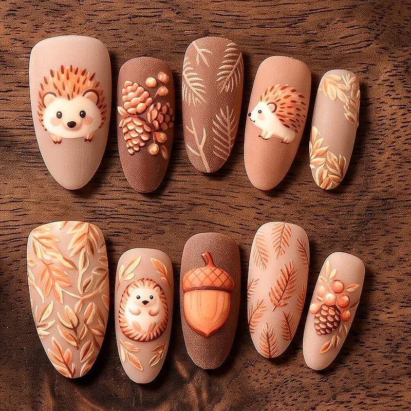 30Pcs Press-On Nails Forest-Themed Fall/Winter Embossed Cat-Eye Caramel Brown Hedgehog and Pinecone Design—Perfect for Girls