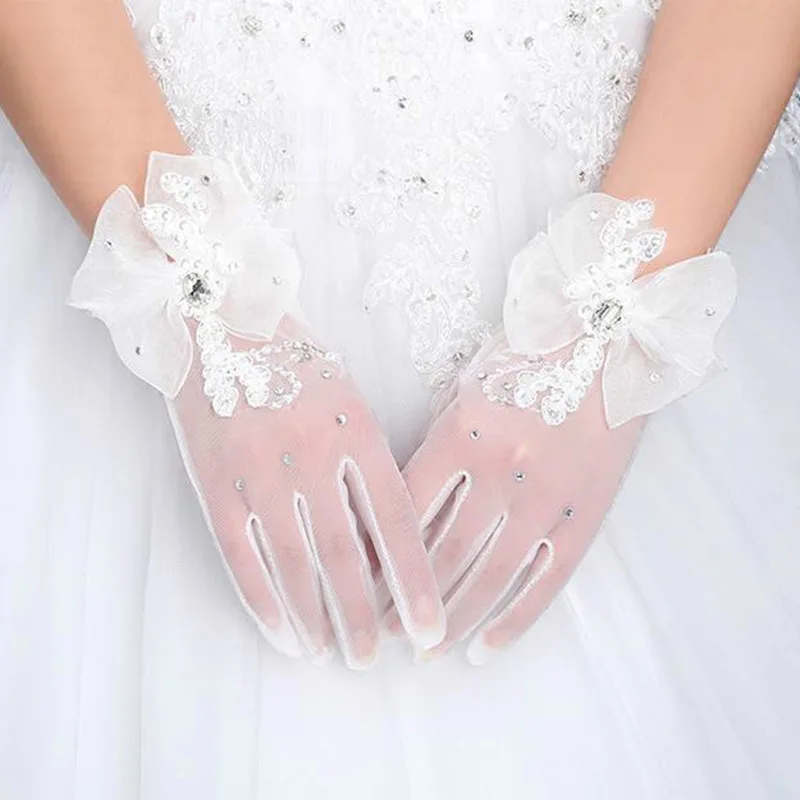 Guantes de encaje cortos con lazo de diamantes de imitación para novia, guantes de Boda sin dedos para novia