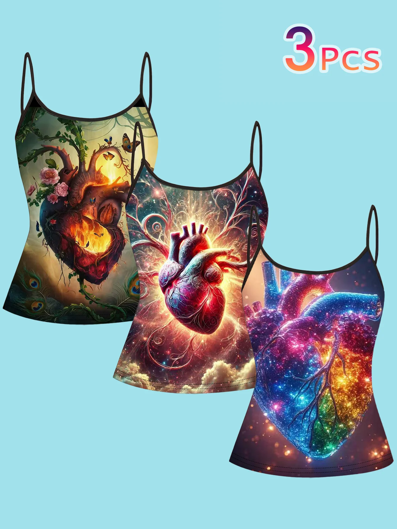 3-Piece Set of Artistic Heart Flame Nebula Print Camisoles, Slim Fit and Flattering, Suitable for Layering or Wearing Alone