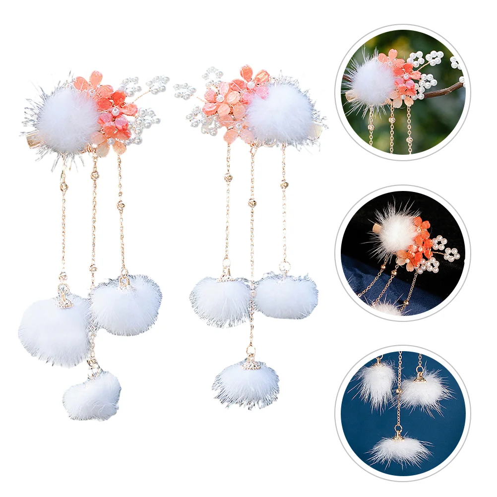 Hair Ball Hairpin Barrettes Hairpins for Kids Pompom Clips Girls Crystal Tassel Toddler Chinese Accessories