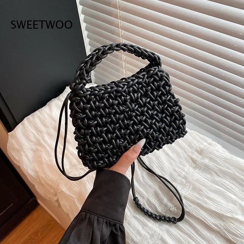 Hand Woven Mini Tote Handbag Women Thick Rope Knit Texture Top Handle Detachable Strap Casual Crossbody Shoulder Bag