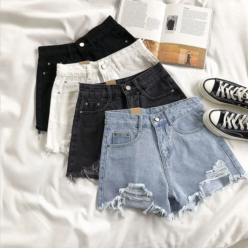 Summer Women Shorts Short Zipper Button Pockets Hole Trouser Looose Slim Casual Shorts Tassel Denims Jeans